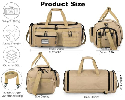 LHI 50L Tactical Duffle Bag for Men, 3-in-1 Gym Duffle and Backpack, Shoe Compartment, Laptop Sleeve and MOLLE, Carry-On Travel Weekender and Overnight Bag – Milky White - color: Milky White