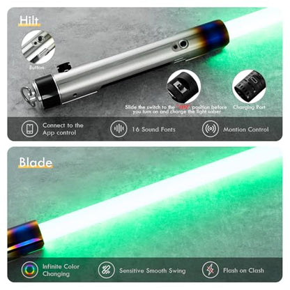 XRGB3.0 Smooth Swing Light Saber, 16 Sound Fonts, Motion Control Infinite Color Changing, Support Heavy Dueling Sol Light Saber, Rechargeable Metal Hilt for Adults