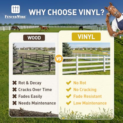 Fencer Wire 3-Rail Vinyl Ranch Fence Kit, 4ft H x 48ft W, White PVC Fence System with 6ft Posts & 8ft Rails, UV-Resistant, Easy Installation, Durable Outdoor Fencing for Ranch, Yard & Farm - size: 48 FT