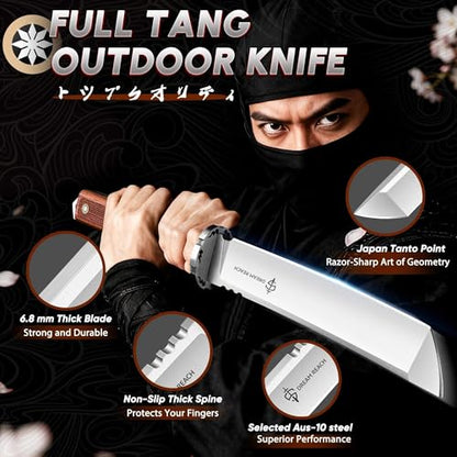 Dream Reach Japanese Tanto Knife, Fixed Blade Knife with Leather Sheath for Back, Survival Knives with Wood Handle, Samurai Knives for Camping Outdoor, Collection Gift for Men - size: 8.5"