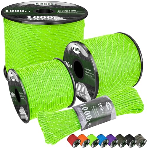 X XBEN Paracord Reflective 1000lb, 50/100/200/500/1000ft 4mm, 13 Strand Parachute Spool Cord, Survival Rope for Camping, Fishing, Hiking, Tent, Clothesline, DIY Crafts & Survival Bracelet, Neon Green - color: Neon Green, size: 1000ft