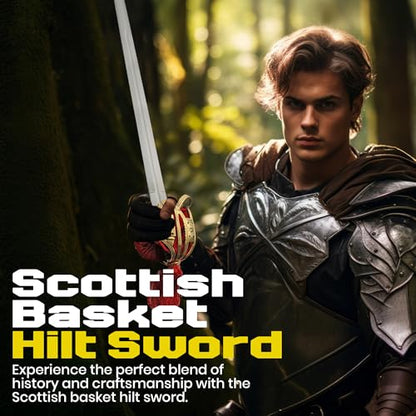 SZCO 38" Broad Scottish Sword- Ceremonial Sword with Basket Hilt, Red Suede Handle, and Leather-Wrapped Scabbard for LARP & Collectors