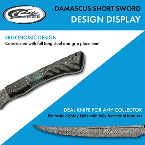 SZCO Supplies DM-5025 Wood and Turquoise Resin Handle Damascus Steel Short Sword with Leather Sheath, Black/Turquoise/Brown, 22" Length