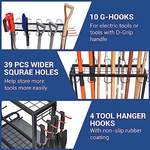 Garden Tool Organizer, Yard Tools Rack Holds 55 Long-Handled Tools/Rakes/Brooms for Garage Organization and Storage, Shed, Outdoor, Lawn, Heavy-Duty Steel, Black, Easy Assembly - size: Yard Tool Storage