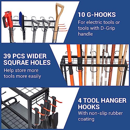Garden Tool Organizer, Yard Tools Rack Holds 55 Long-Handled Tools/Rakes/Brooms for Garage Organization and Storage, Shed, Outdoor, Lawn, Heavy-Duty Steel, Black, Easy Assembly - size: Yard Tool Storage