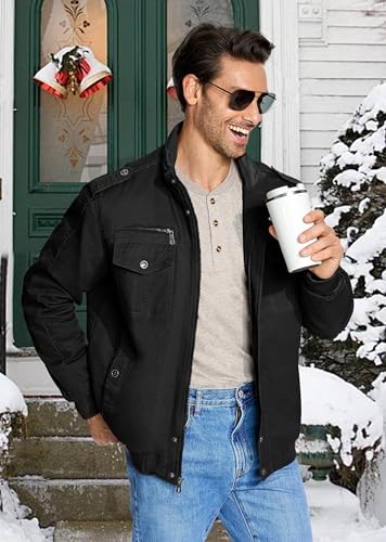 EKLENTSON Mens Winter Jacket with Multi Pockets Fleece Lined Military Coat - color: Black, size: Small