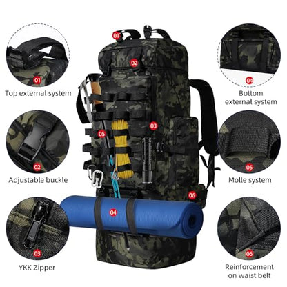 70L/100L Camping Hiking Backpack with Rain Cover, Expandable Large Military Tactical Backpack, Waterproof Molle Rucksack Travel Backpacking Daypack for Climbing Trekking (Black CP) - color: Black Cp