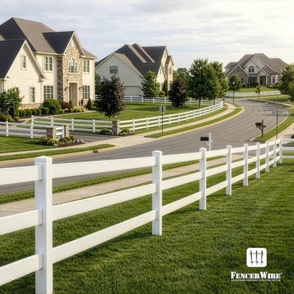 Fencer Wire 3-Rail Vinyl Ranch Fence Kit, 4ft H x 8ft W, White PVC Fence System with 6ft Line Posts & 8ft Rails, UV-Resistant, Easy Installation, Durable Outdoor Fencing for Ranch, Yard & Farm - size: 8 FT