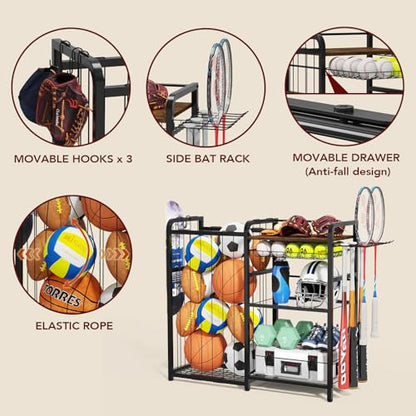 Homsorout Garage Sports Equipment Organizer, Ball Storage for Gear and Toys, Large Capacity, Sports Organizer for Garage with Hooks and Baskets