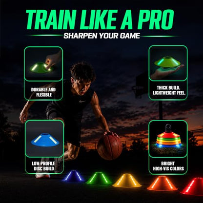 Agility Training Cones 25 Pack, Soccer Disc Cones with Holder, 5-Color Sports Cones for Speed - style: 25 Pack - Glowing