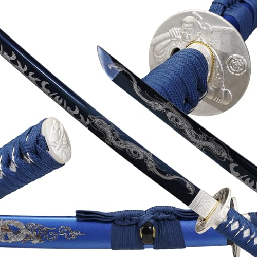 1045/1060 high Carbon Steel Full Hand Forged Traditional, Katana Sword Hademade Heat Tempered ，Japanese Samurai Swords ，Full Tang,Functional,Black - color: blue-duilong