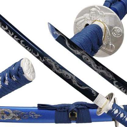 1045/1060 high Carbon Steel Full Hand Forged Traditional, Katana Sword Hademade Heat Tempered ，Japanese Samurai Swords ，Full Tang,Functional,Black - color: blue-duilong