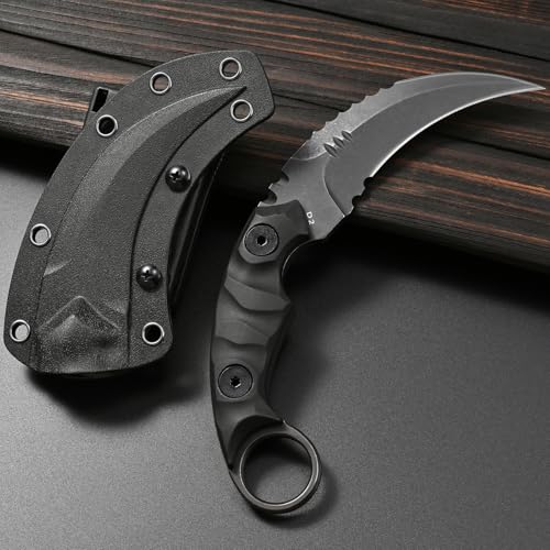 Gtkii GTK691 Fixed Blade Knife D2 Steel Blade Nylon Fiberglass Handle with Kydex Sheath for Outdoor Camping Hunting Hiking Survival EDC Tool(Black) - color: black