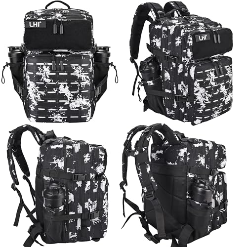 LHI Tactical Military Backpack for Men 25L/45L Large Molle Army Assault Pack 3 Day Hiking Rucksack With Bottle Holder - color: Black Lightning, size: 45L