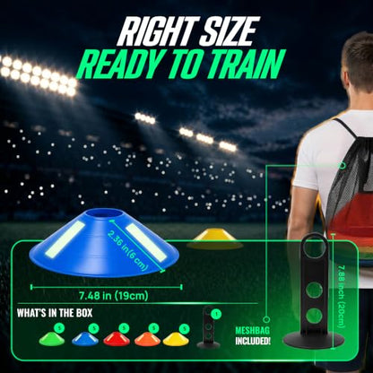 Agility Training Cones 25 Pack, Soccer Disc Cones with Holder, 5-Color Sports Cones for Speed - style: 25 Pack - Glowing