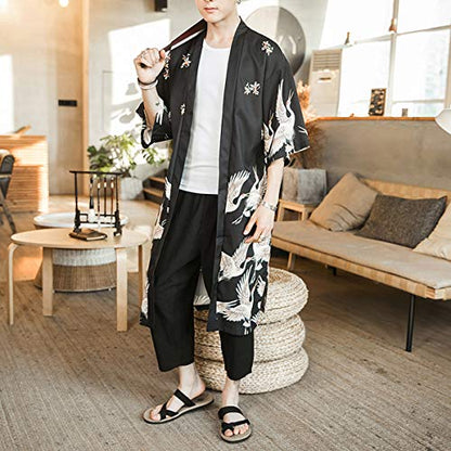 Seidarise Men's Haori, Long Kimono Cardigan Jacket Japanese Style Flying Crane Seven Sleeves Open Front Coat - color: Black, size: Medium