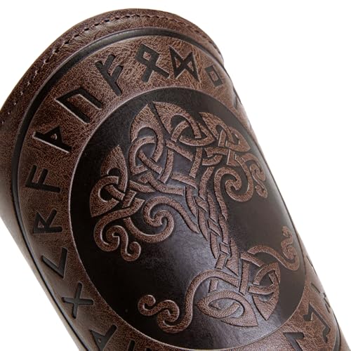 Leather Bracers for Men - Viking Embossed Medieval Arm Archery Guard Gauntlet Costumes - color: Hbr059-tree Coffee