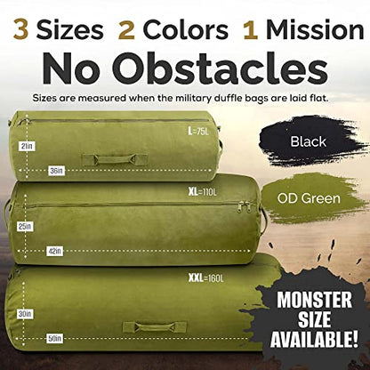 Farm Blue GI Style Zipper Duffle Bag Heavy Duty Army Duffle Bags - Military Grade Cotton Canvas Duffel Bag - Reinforced Camping Bag - Strong Zipper & Center Grab Handle (Olive Drab, X-Large) - color: OD Green, size: XL