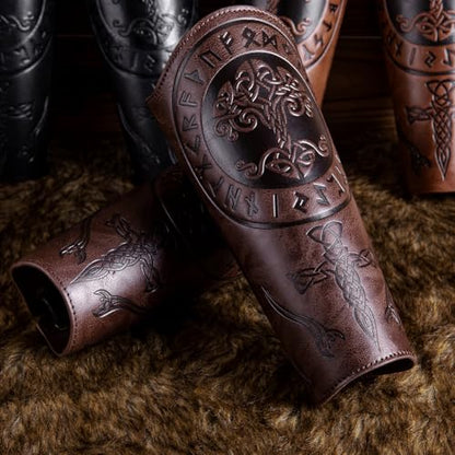 Leather Bracers for Men - Viking Embossed Medieval Arm Archery Guard Gauntlet Costumes - color: Hbr059-tree Coffee