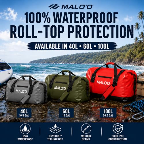 Malo’o Waterproof Dry Duffel, Heavy-Duty Roll Top Waterproof Gear Bag with Shoulder Strap & Molle Loops, Marine Duffel for Kayaking, Boating, Camping, Beach & Travel, Red, 100L - color: Red, size: 100L