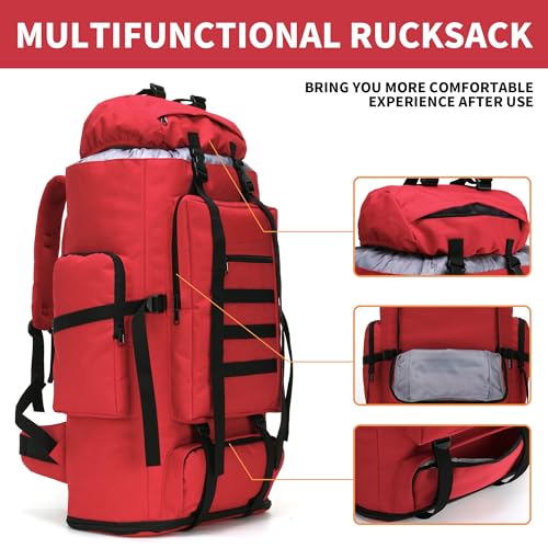 100L Hiking Camping Backpack MOLLE Rucksack Waterproof Daypack (Red) - color: Red