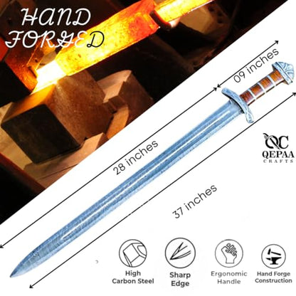 Qepaa Crafts®Handmade Damascus Steel Real Viking Style Sword | Full Tang Blade with Wooden Handle and Scabbard | Collectible Medieval Replica|Gift for him - color: Brown Handle Sword