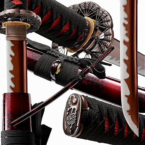 Traditional Heat/Clay Tempered Hand Forged Katana Sword | Real 1060/1095 T10 High Carbon Steel Sharp Full Tang Katanas | Practical Authentic Japanese Samurai Swords - color: Fans Red