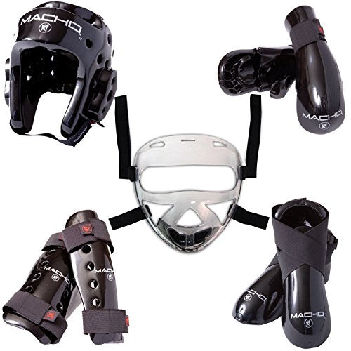 Macho Dyna 8 piece sparring gear set with shin guards and face shield black child small