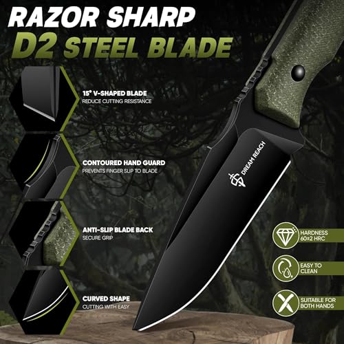 Dream Reach Fixed Blade Knife - D2 Steel Tactical Knife with Ergonomic Full Tang Handle and Adjustable Sheath for Outdoor Camping Survival Gift for Men Women Green - size: 4.02 inches