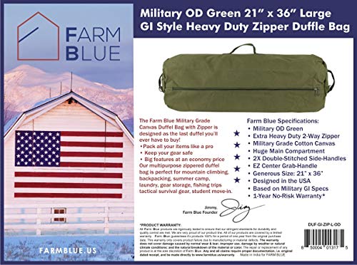 Farm Blue GI Style Zipper Duffel Bag OD - L Heavy Duty Army Duffel Bags - Military Grade Cotton Canvas Dufflebag - Reinforced Camping Bag - Strong Zipper & Center Grab Handle - 21" x 36" - Olive Drab - color: OD Green, size: Large