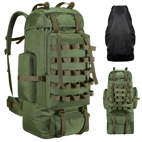 70L/100L Camping Hiking Backpack with Rain Cover, Expandable Large Military Tactical Backpack, Waterproof Molle Rucksack Travel Backpacking Daypack for Climbing Trekking (Green) - color: Green