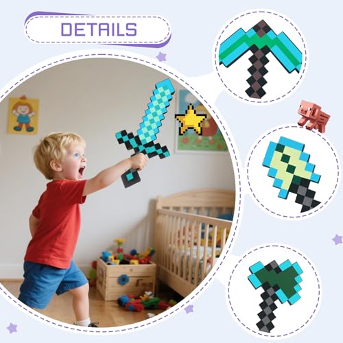 QRT 4 Pack Kids Role Play Toys,EVA Foam Sword,Axe,Pickaxe and Shovel, or Halloween,Christmas,Cosplay and Birthday Party - color: Blue Four Piece Set