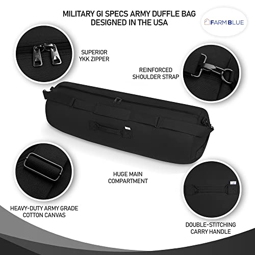 Farm Blue GI Style Zipper Duffel Bag Black - XL Heavy Duty Army Duffle Bags - Military Grade Cotton Canvas Duffle Bag - Reinforced Camping Bag - Strong Zipper & Center Grab Handle (Black, XL) - color: Black, size: XL