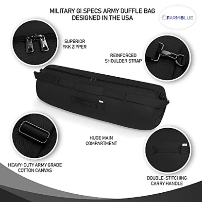 Farm Blue GI Style Zipper Duffel Bag Black - XL Heavy Duty Army Duffle Bags - Military Grade Cotton Canvas Duffle Bag - Reinforced Camping Bag - Strong Zipper & Center Grab Handle (Black, XL) - color: Black, size: XL