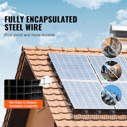 VEVOR 8inch x 98ft Critter Guard for Solar Panels, PVC Coated Wire Mesh Roll Kit with 50pcs Ties for Pigeon Deterrent, Bird Proofing, Squirrel Proof, Black - size: 8in x 98ft with 50pcs Tie Wires