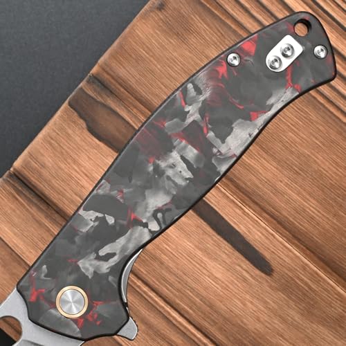 FF25 Folding Knife, DC53 Steel Blade Carbon Fiber Handle with Pocket Clip for Outdoor Camping Fishing Working Survival EDC (Red) - color: Red