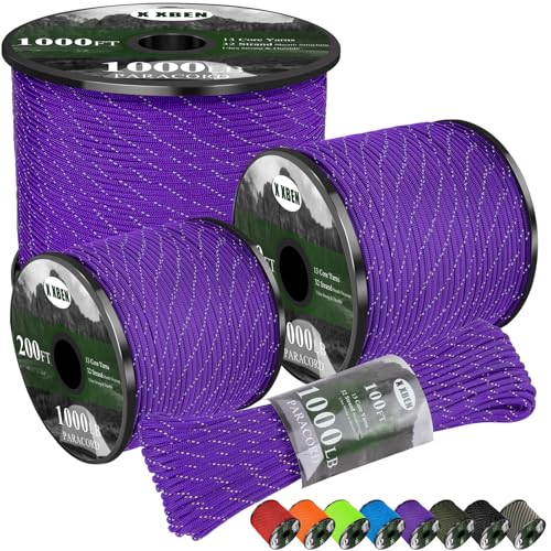 X XBEN Paracord Reflective 1000lb, 50/100/200/500/1000ft 4mm, 13 Strand Parachute Spool Cord, Heavy Duty Paracord Rope for Camping, Fishing, Hiking, Hunting, DIY Crafts, Purple - color: Purple, size: 100ft