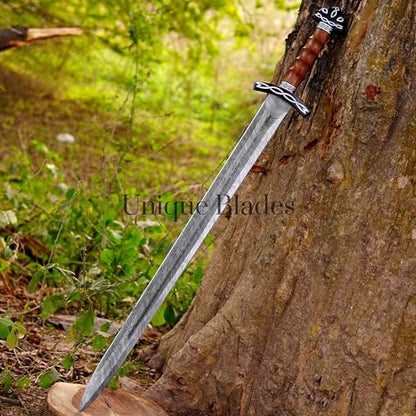 Functional Viking Sword - Hand Forged Damascus Steel 101.6cm Battle Ready Norse Longsword - Full Tang Medieval Replica with Wood Scabbard & Blood Groove for Combat & Training