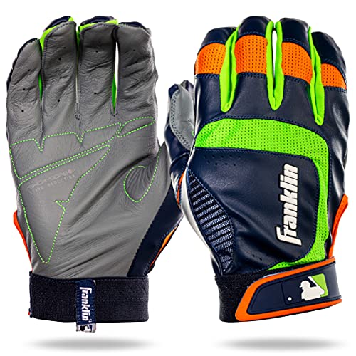 Franklin Sports MLB Baseball Batting Gloves - Shok-Sorb X Batting Gloves for Baseball + Softball - Adult + Youth Padded Non-Sting Batting Glove Pairs - Multiple Colors + Sizes - color: Gray/Navy/Lime, size: Youth Large