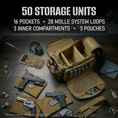 Gun Range Bag with 3 Pistol Cases, Removable MOLLE Organizer, Total 50 Storage Units, 27dB Shooting Earmuffs, Shoulder Strap, USA Flag Patch & Writable ID Patches, Khaki Brown Tactical Bag