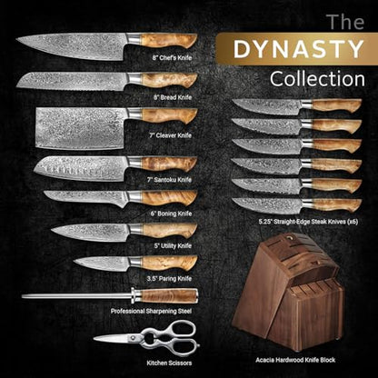 SENKEN 16-Piece Damascus Knife block Set - The Dynasty Collection - Japanese VG10 Damascus Steel with Natural Sycamore Wood Handles, Steak Knives, Scissors, & Sharpening Rod (16-Piece Knife Block Set) - size: 16-Piece Knife Block Set