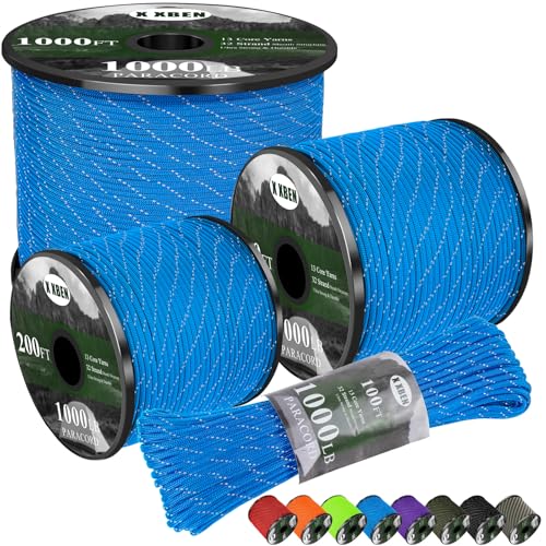 X XBEN Paracord Reflective 1000lb, 50/100/200/500/1000ft 4mm, 13 Strand Parachute Spool Cord, Heavy Duty Paracord Rope for Camping, Fishing, Hiking, Hunting, DIY Crafts, Blue - color: Blue, size: 100ft