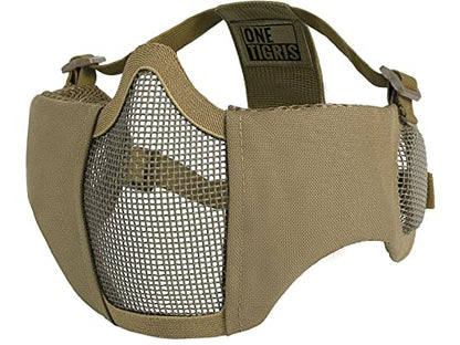 OneTigris Foldable Airsoft Steel Mesh Half Face Mask with Ear Protection - color: Tan