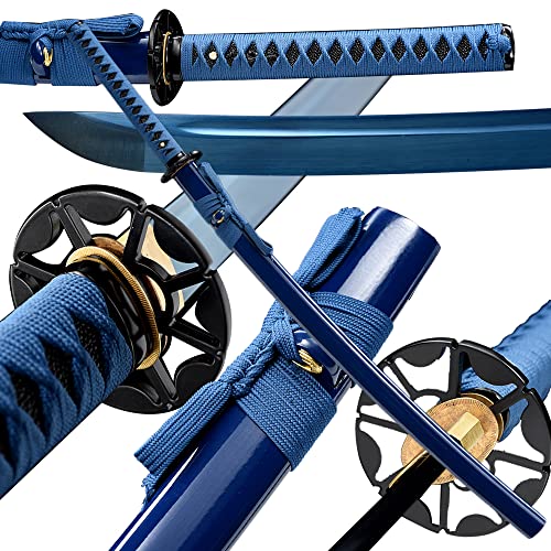 Traditional Heat/Clay Tempered Hand Forged Katana Sword | Real 1060/1095 T10 High Carbon Steel Sharp Full Tang Katanas | Practical Authentic Japanese Samurai Swords - color: Iron Tsuba