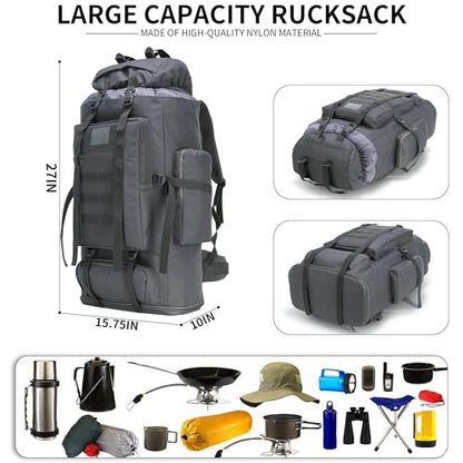 100L Hiking Camping Backpack MOLLE Rucksack Waterproof Daypack (Grey) - color: Grey