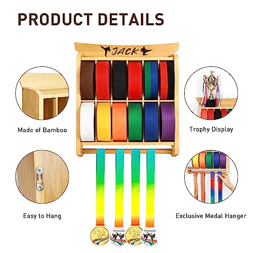 Tilhumt 12 Belts Karate Belt Display Rack with Trophy and Medal Display Rack, Taekwondo Belt Display Rack with Stickers, Martial Arts Belt Display for Kids and Adults
