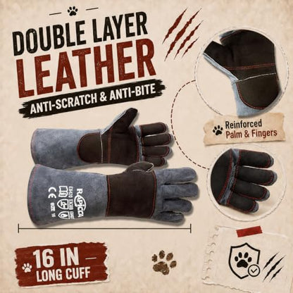 RAPICCA Animal Handling Gloves, Bite Proof Double Leather, 16 in Grey-Black - size: 2 Count (Pack of 1), style: 16 Inches