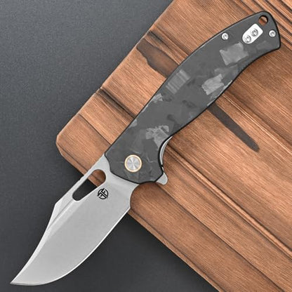 FF25 Folding Knife, DC53 Steel Blade Carbon Fiber Handle with Pocket Clip for Outdoor Camping Fishing Working Survival EDC (Black) - color: Black