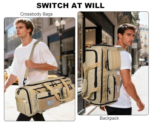 LHI 50L Tactical Duffle Bag for Men, 3-in-1 Gym Duffle and Backpack, Shoe Compartment, Laptop Sleeve and MOLLE, Carry-On Travel Weekender and Overnight Bag – Milky White - color: Milky White