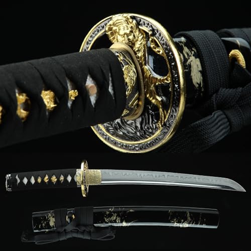 Tanto Sword Handmade Full Tang Clay Tempered T10 Steel Short Japanese Katana Real Hamon Samurai kendo Dull Treasure Wakizashi Red Black Blue Green Sword (brown) (black)